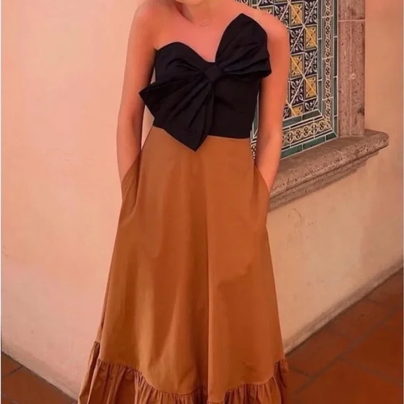 Anthropologie Hutch 18W RUNS SMALL Bow-Tie Tiered Ruffle Maxi Dress Black Brown - Picture 1 of 12